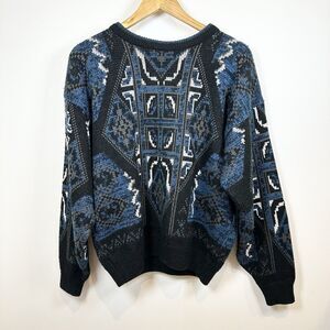 Pelican Cove Sweater Women’s Large Blue Black Vintage Grandpa Grandma Geometric